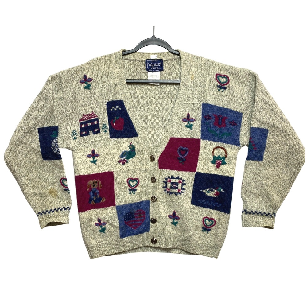 Woolrich Woman Cardigan Size M Gray Embroidered Patchwork Sweater Vintage